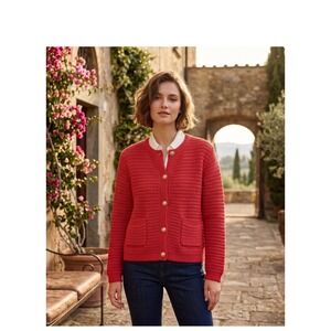 Fate Women Red Textured Knit Cardigan Gold Crest Button Front Pocket Sweater S